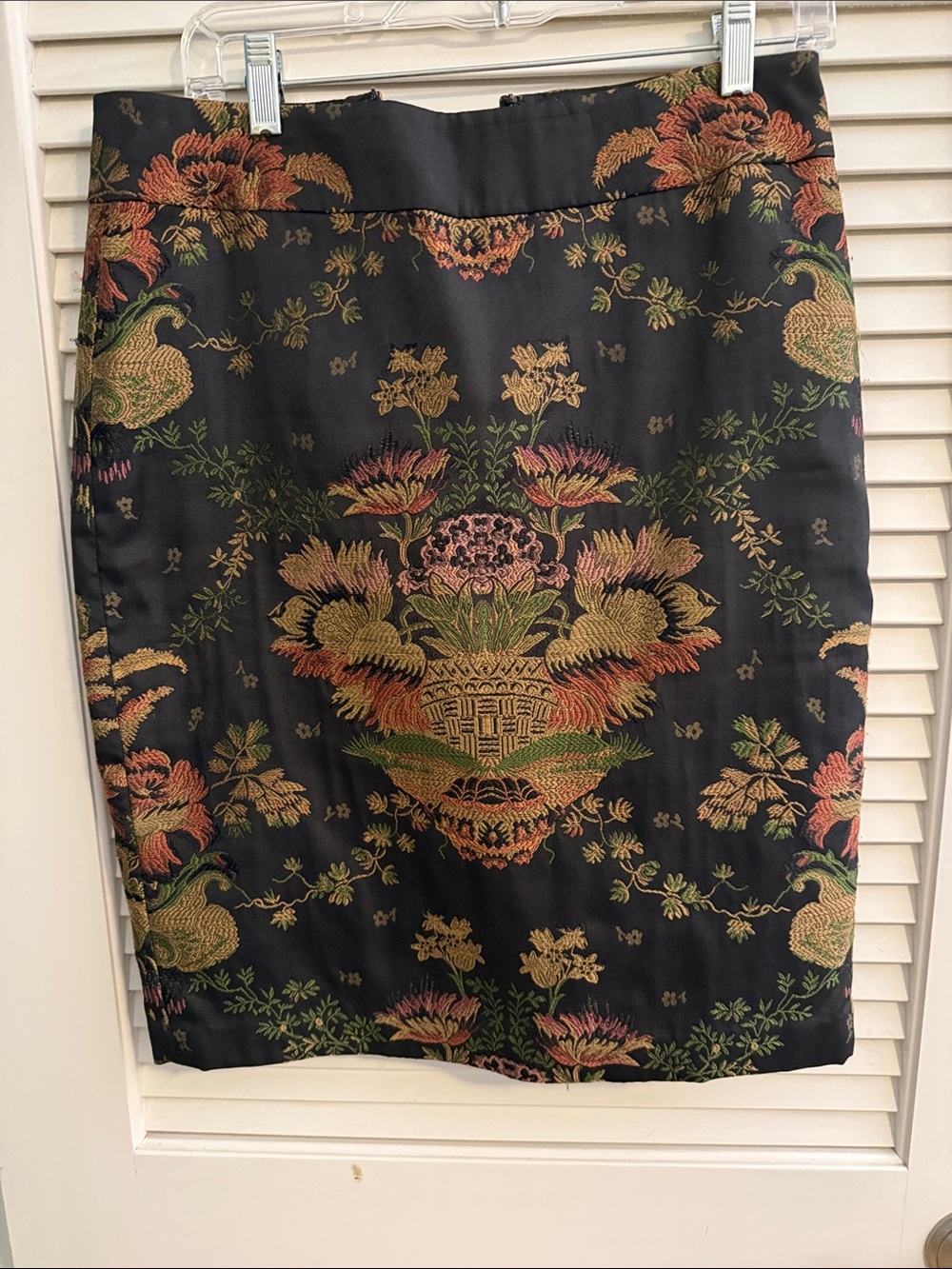 CAbi Black Floral Jacquard Pencil Skirt with Multicolor Metallic Motif